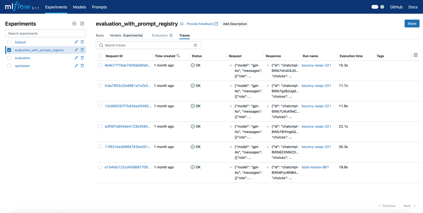 MLflow UI showing the tracing for each LLM execution