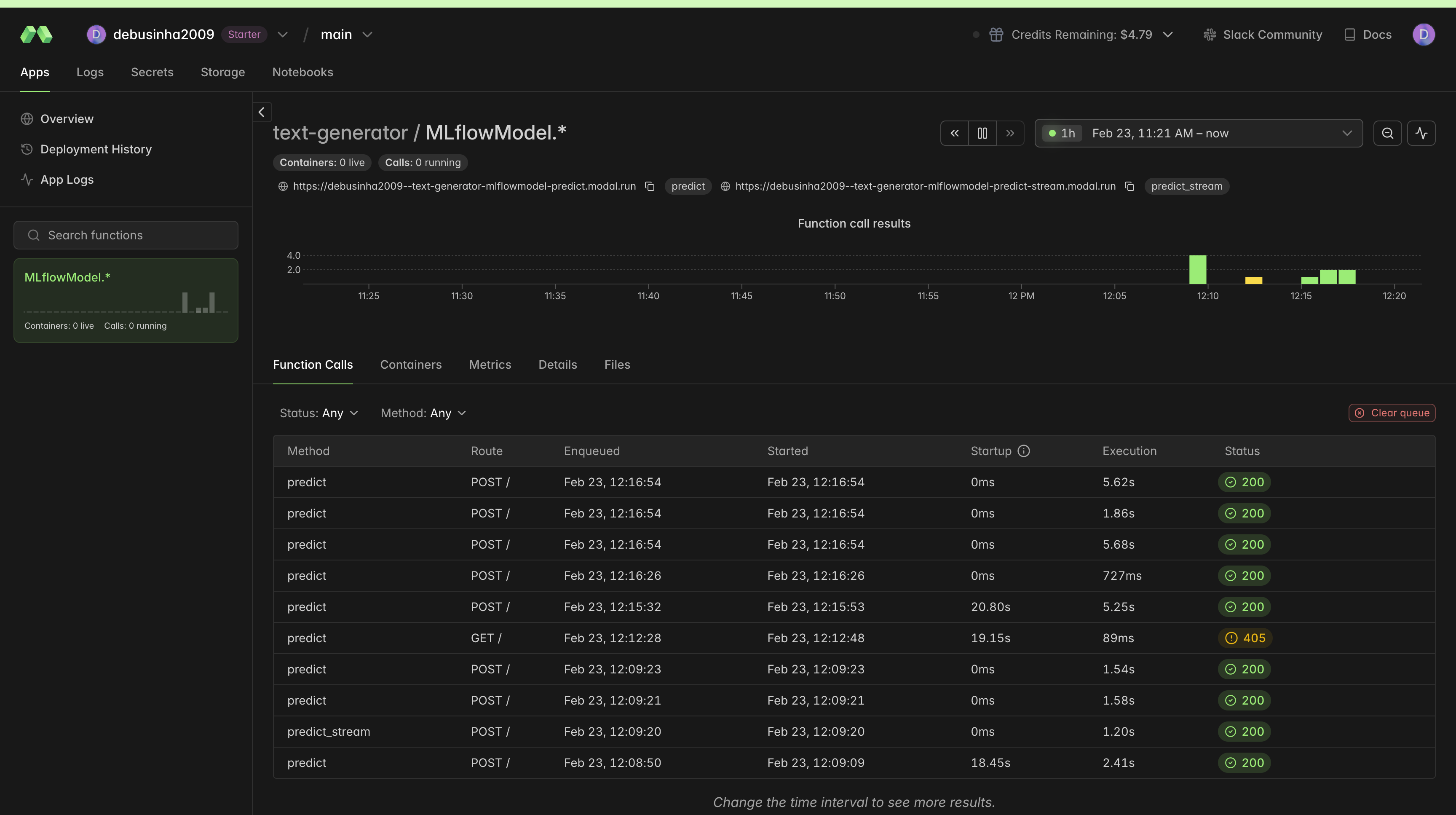 Modal dashboard showing the text-generator deployment with MLflowModel class on T4 GPU, function call results graph, and function call logs for both predict and predict_stream endpoints with 200 status responses.