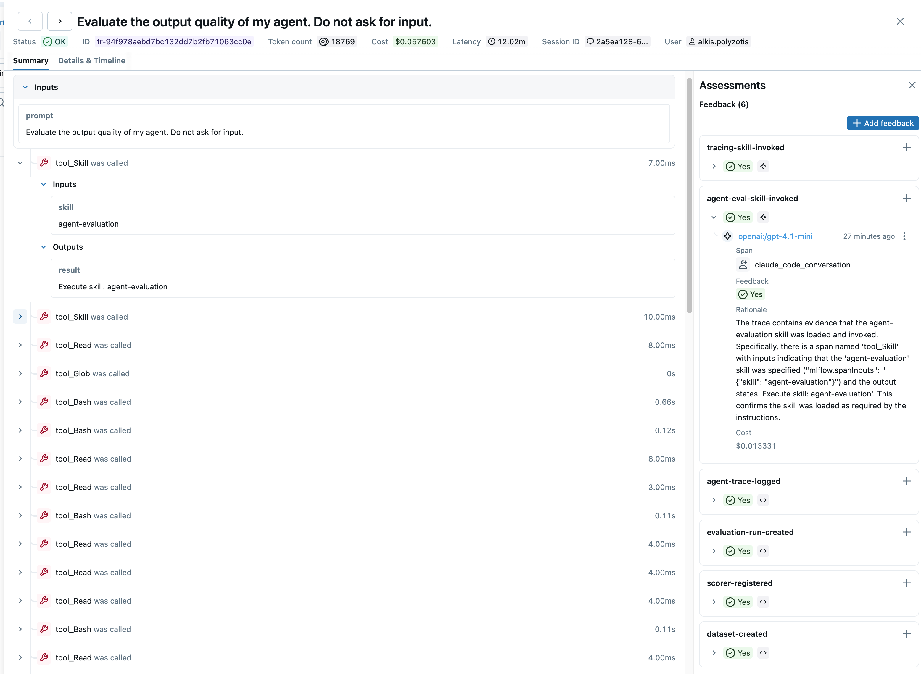 MLflow trace of the agent-evaluation skill run with all six judges passing