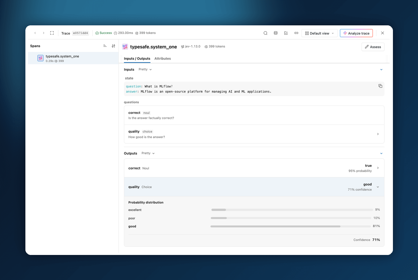 The MLflow trace viewer showing System One input state, questions, structured answers, and a category probability distribution.
